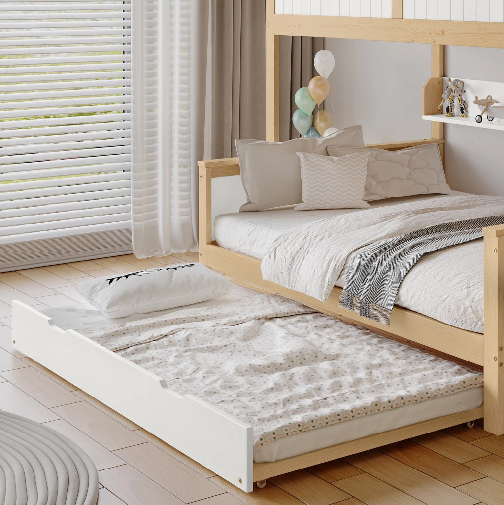 Letto a castello per bambini 3 posti con letto estraibile, armadio e scala contenitore