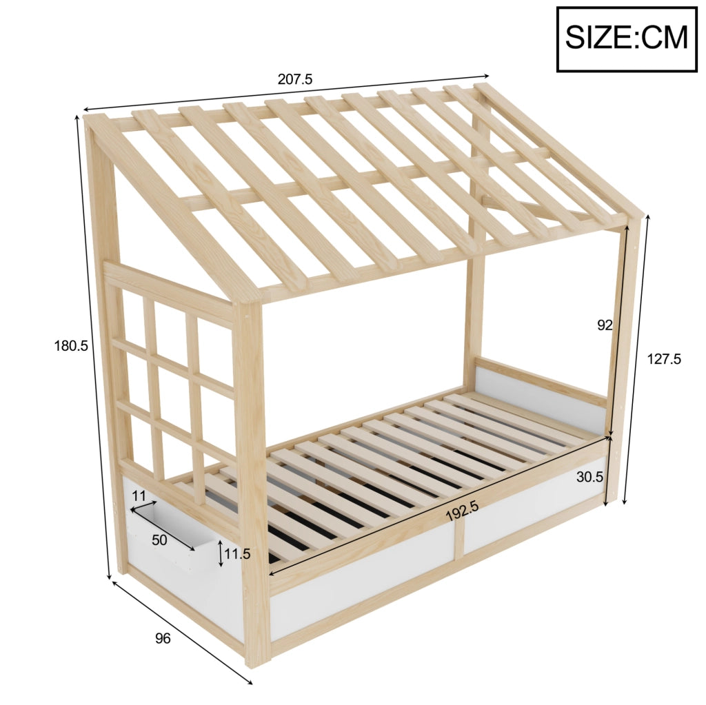 Letto per bambini 90x200 cm con contenitore idraulico e vani laterali in legno bianco e colore naturale
