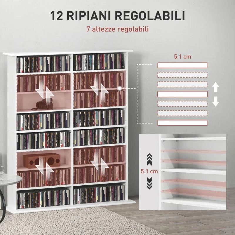 MOBILE LIBRERIA PORTA CD A 16 RIPIANI DAL DESIGN MODERNO IN LEGNO, 106.5X24X126.3 CM, BIANCO