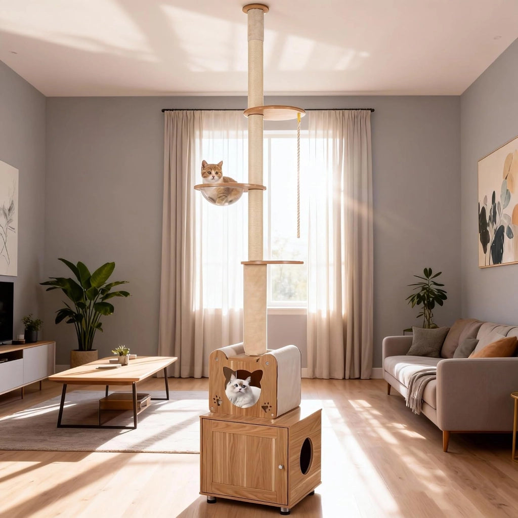 Tiragraffi alto a soffitto, altezza 256 – 275 cm, con armadietto per gatti, grotta, capsula stanza, colonna tiragraffi e corda in sisal, tenditore regolabile in altezza, albero da arrampicata