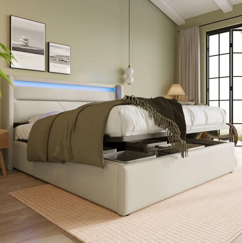 Letto contenitore imbottito con LED e sollevamento idraulico; 160x200 cm; PU bianco