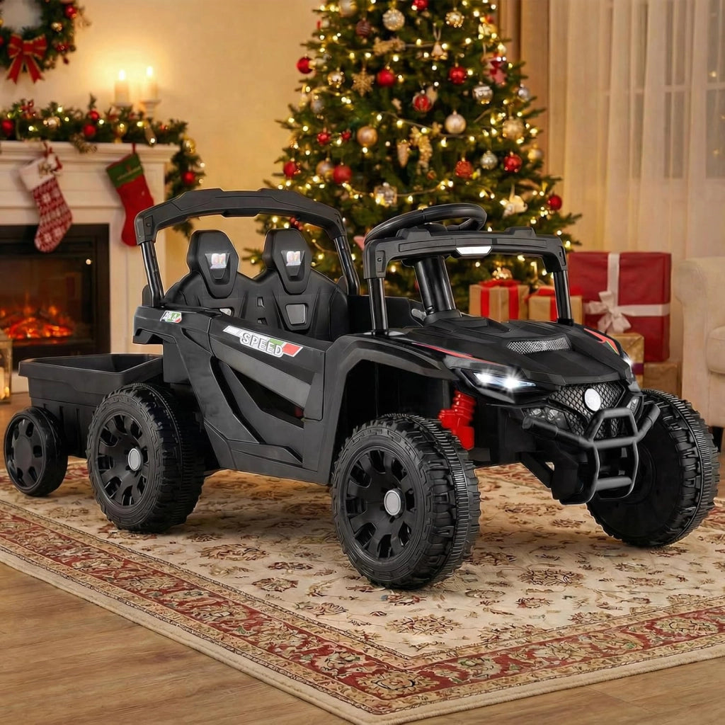 Macchina Elettrica per Bambini UTV con Rimorchio Staccabile, 12V Trattore con Telecomando, Sospensioni a Molla, Luci e Musica, Veicolo Elettrico per Bambini 3+ Anni (Nero)