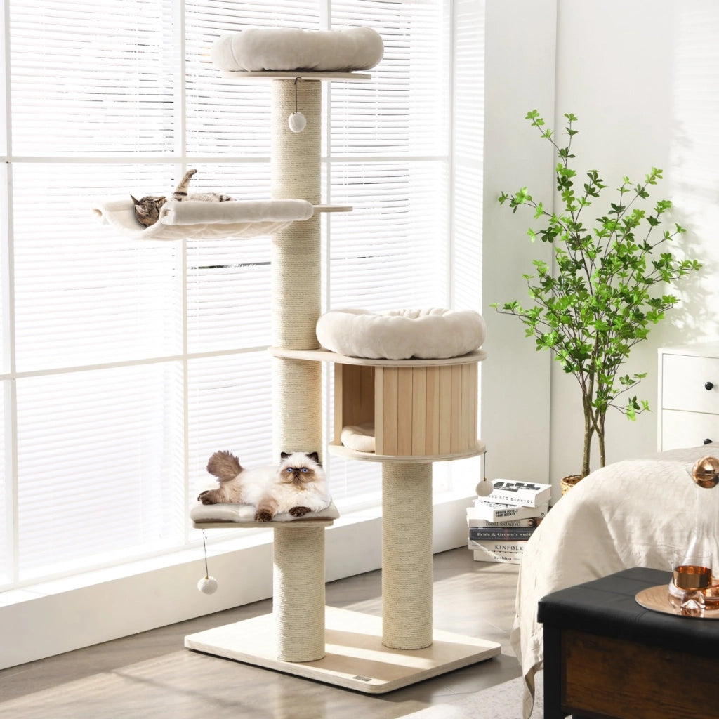 Albero per gatti in legno massiccio da 174cm con pali sisal, Torre per gatti a 4 livelli Naturale-Alberi Tiragraffi
