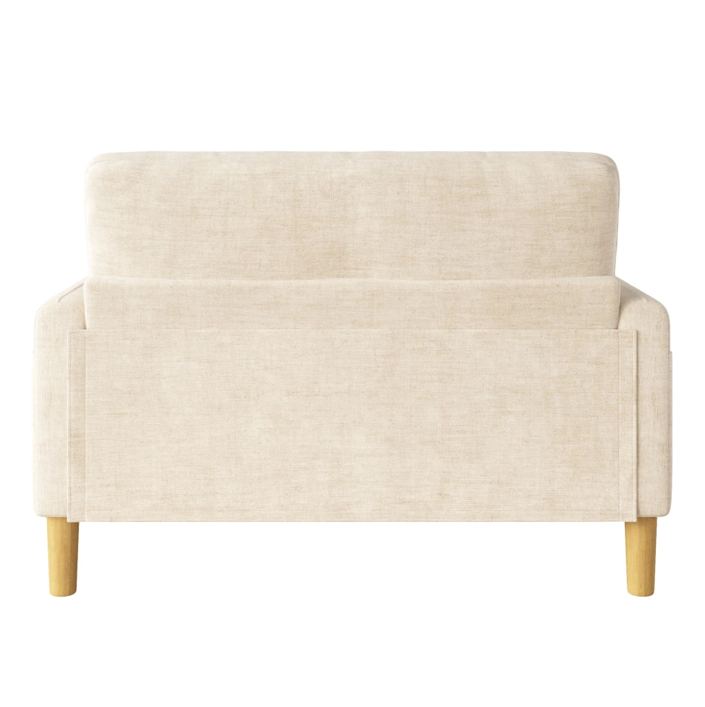 Divano a 2 posti in chenille beige con 2 cuscini; tasca laterale e schienale alto 119x78x85 cm