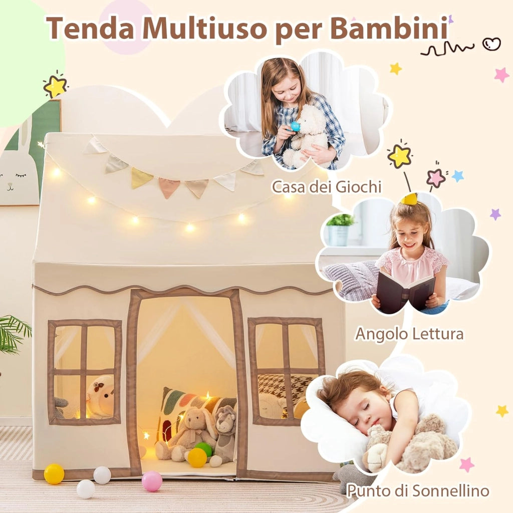 Tenda da Gioco per Bambini con Luci a Stella, Tappetino in Velluto Lavabile e Antiscivolo, Finestre e Tende a Rete, Ideale per Interni ed Esterni per Bambini 3 Anni + (Giallo)