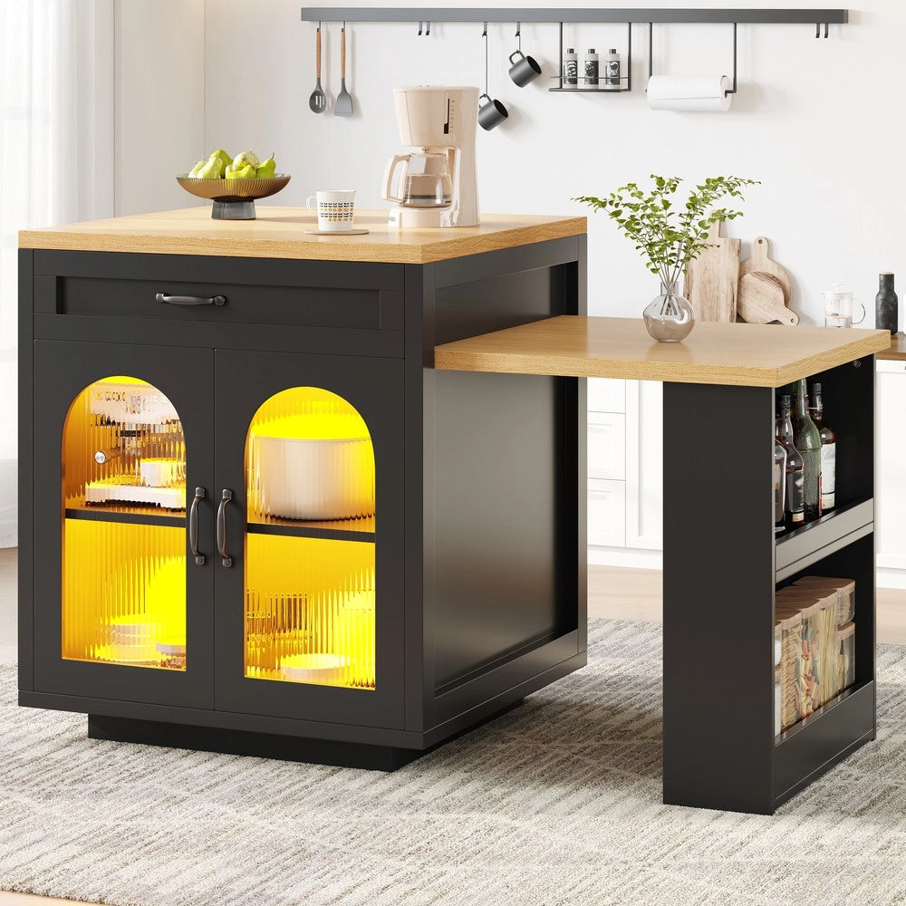 Isola Cucina Allungabile con LED ¨C Xylo ¨C MDF, Cassetti, Ante in Vetro, Credenza Moderna