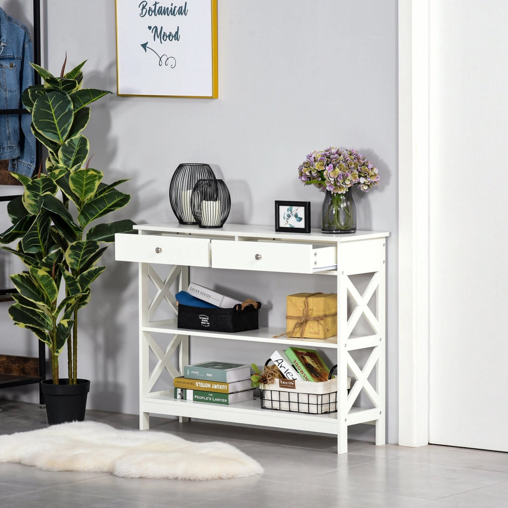 EasyComfort Tavolo Consolle con 2 Cassetti e 2 Mensole, Consolle Ingresso e Soggiorno in MDF, 100x30.5x80cm, Bianco