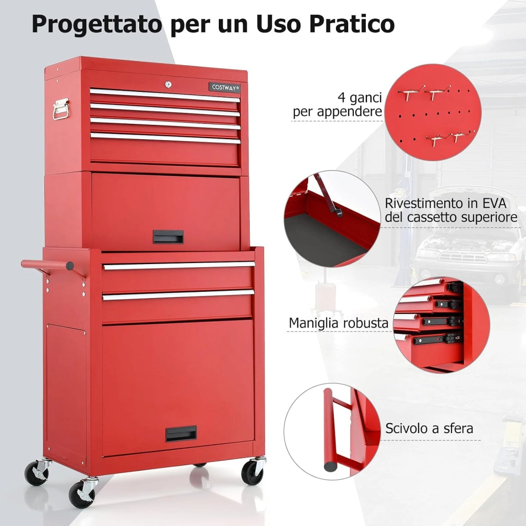 Cassettiera Portautensili a 6 Cassetti, Carrello per Attrezzi con Ruote Bloccabili, con Ripiano rimovibile e Serratura, 61,5 x 33 x 132 cm (rosso)