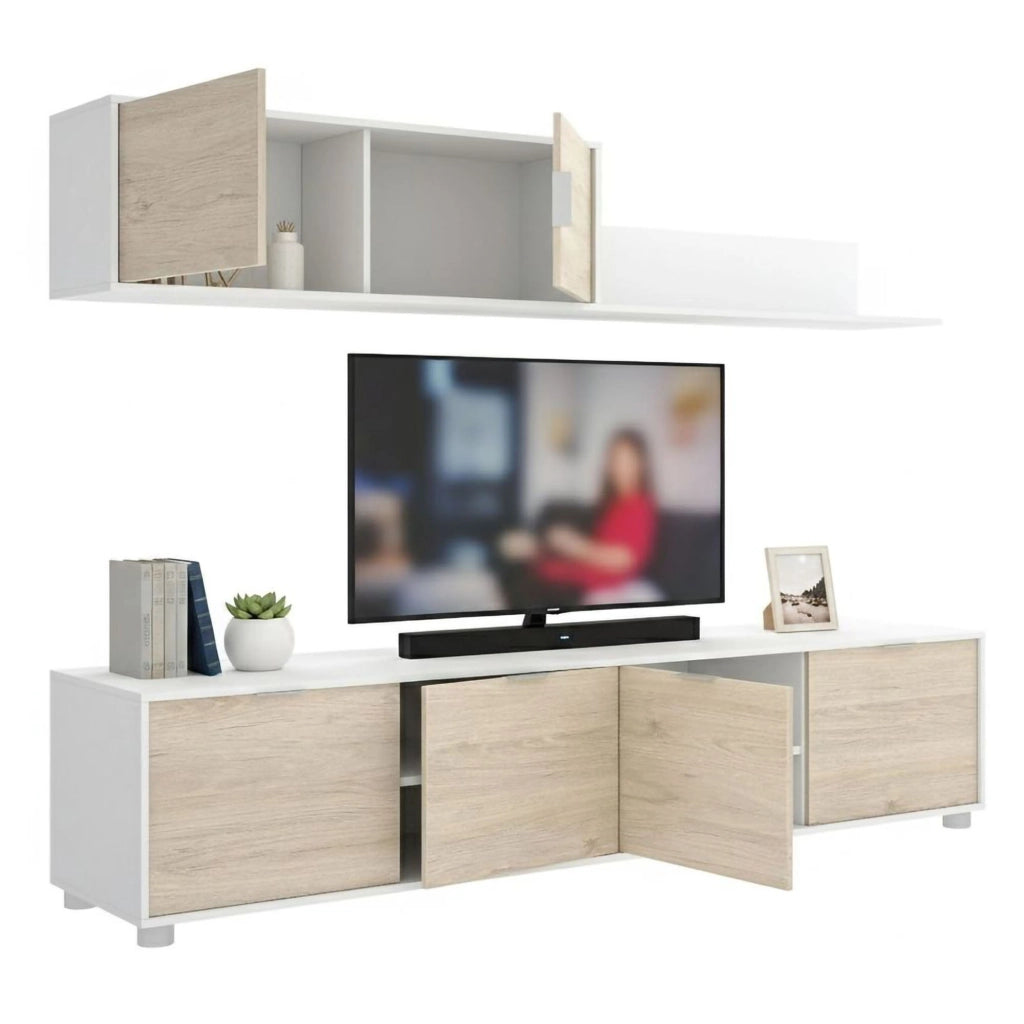 Parete attrezzata Winnie, Composizione soggiorno, Mobile salotto multiuso, Armadio porta TV, 200x40 h43 cm, Bianco e Rovere