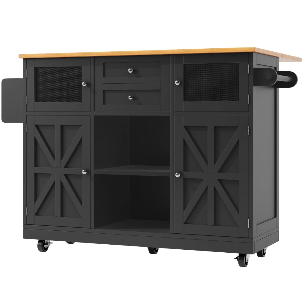 Isola Cucina con Piano di Lavoro ¨C MINIMAL ¨C Nero, Legno, con Ruote e Ante 3D