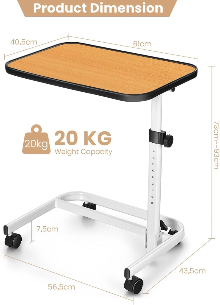 Tavolo da Letto con Ruote Universali, Tavolino Mobile a Forma di C, Comodino Mobile con Altezza Regolabile e Piano Inclinabile, per Camera da Letto e Ospedale