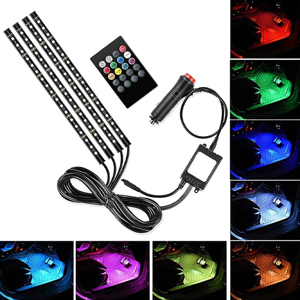STRISCIA PER INTERNI AUTO 72 LED RGB LUCI VANO PIEDI ATMOSFERA TELECOMANDO 12V