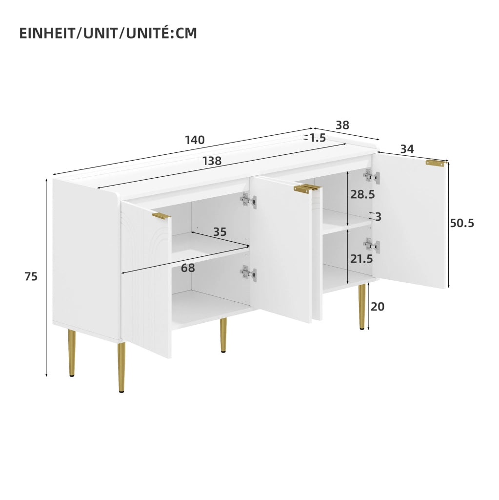 Credenza moderna bianca 140 cm con 4 ante e gambe dorate