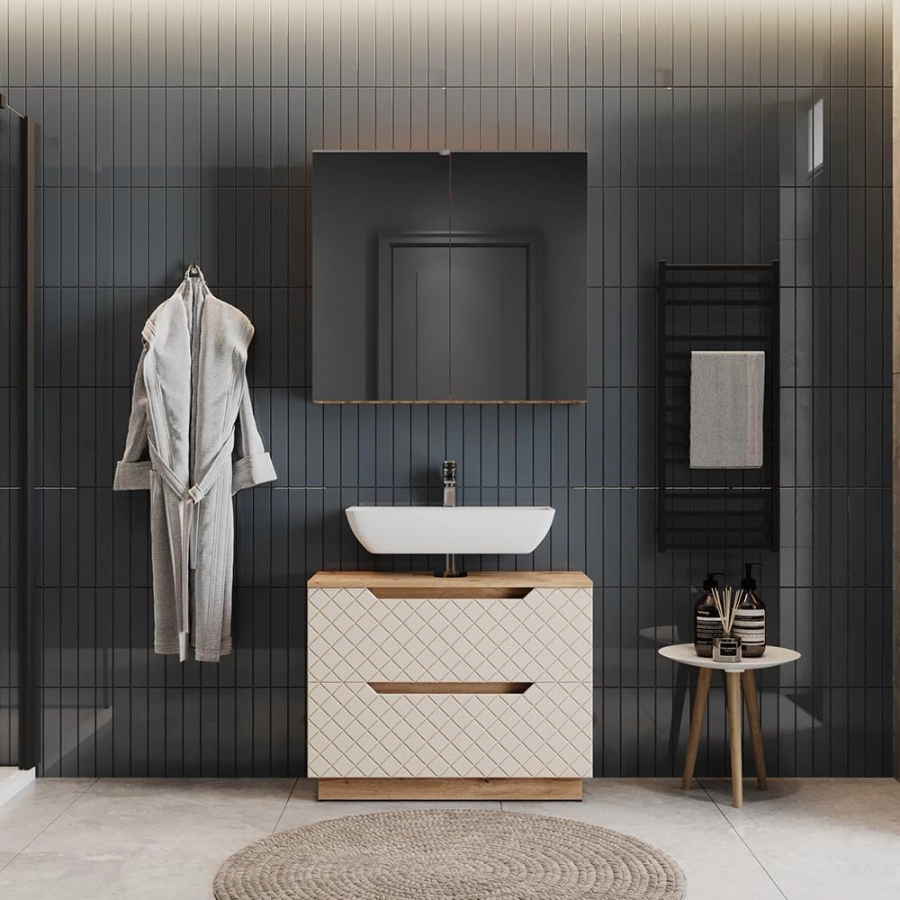 Set di mobili da bagno Lotta, Rovere/cashmere con struttura in piastrelle, 2 parti