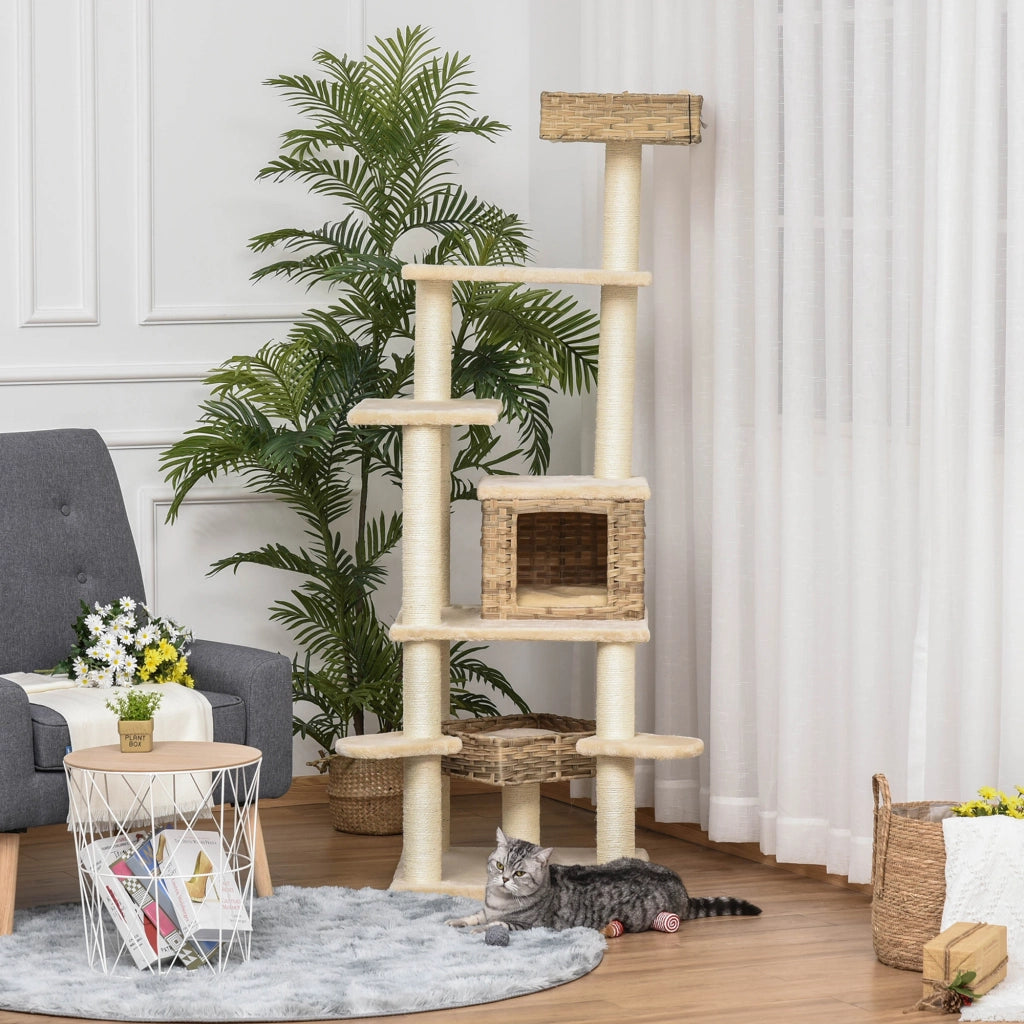 Albero per gatti a pi¨´ livelli con tana ¨C zephmum ¨C Rattan MDF Sisal Beige Marrone 55x55x174 cm