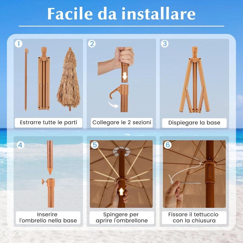 Ombrellone in Paglia PP da 200 cm, Ombrellone da Spiaggia Hawaiano con Inclinazione Regolabile, con Base Pieghevole, Borsa per il Trasporto, per Giardino Piscina