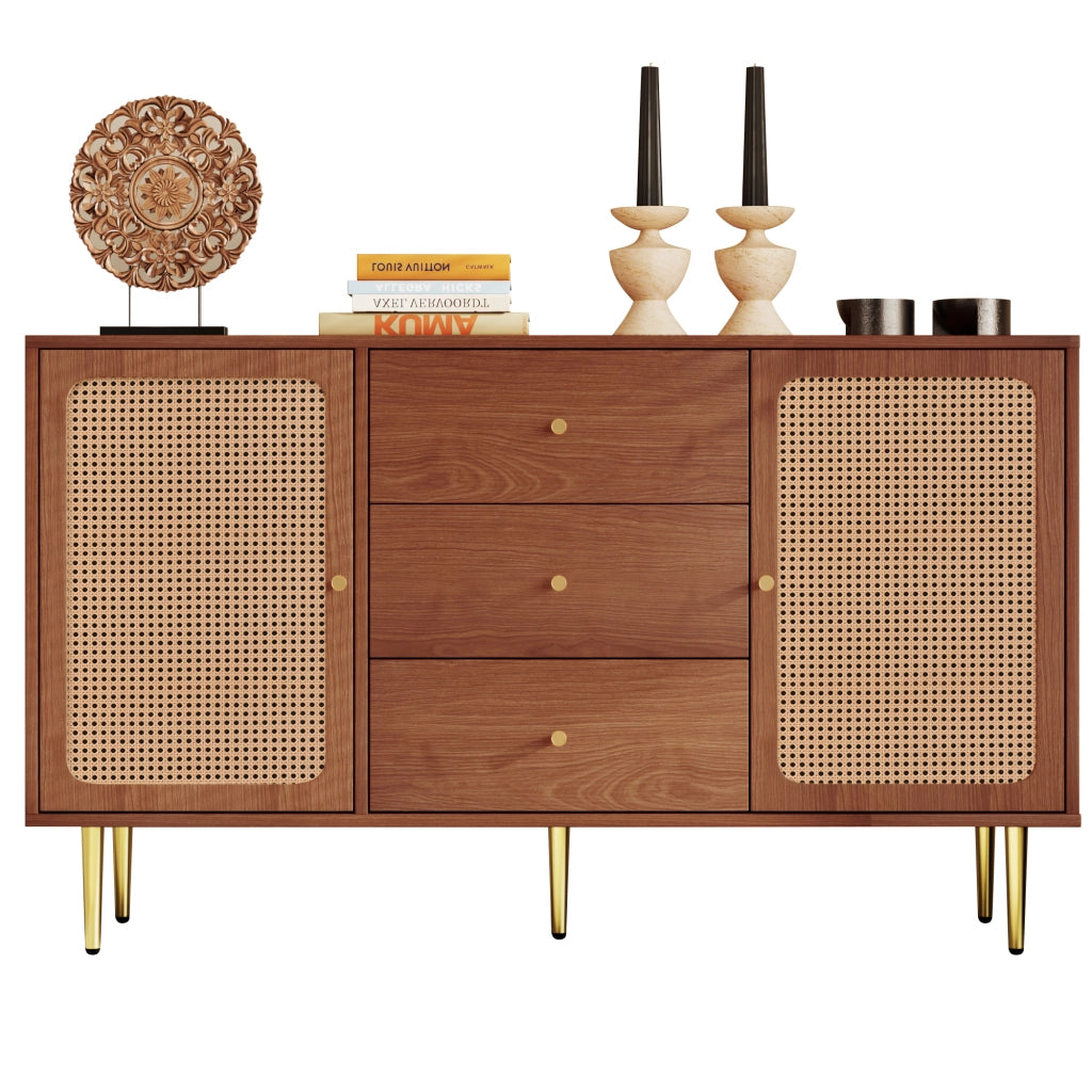 Cassettiera con 2 Ante e 3 Cassetti; Ripiano Regolabile; Stile Vintage; in Legno e Metallo; 150×40×90 cm; Noce