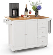 Carrello da cucina pieghevole, carrello di servizio, credenza da cucina, mobile da cucina in legno, ruote con 2 freni, piano pieghevole e 2 ripiani regolabili, 136 x 76 x 91 cm (bianco)