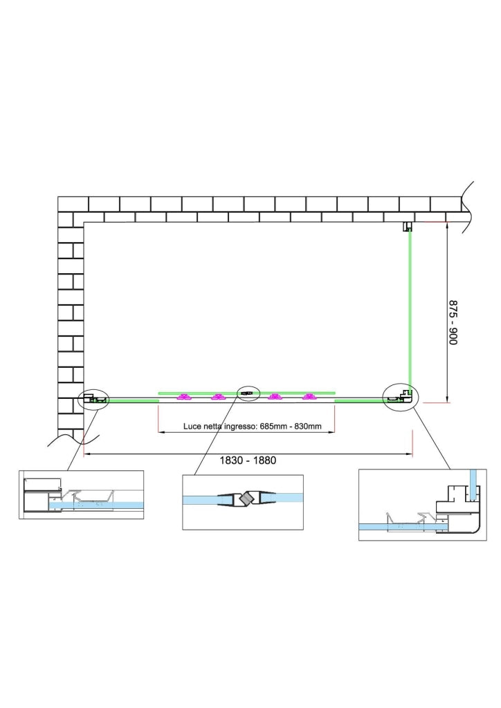 Box doccia 6 mm H 190 parete fissa e porta a 4 ante con apertura centrale MISURA 87,5-90 ANTA FISSA + PORTA 183-188