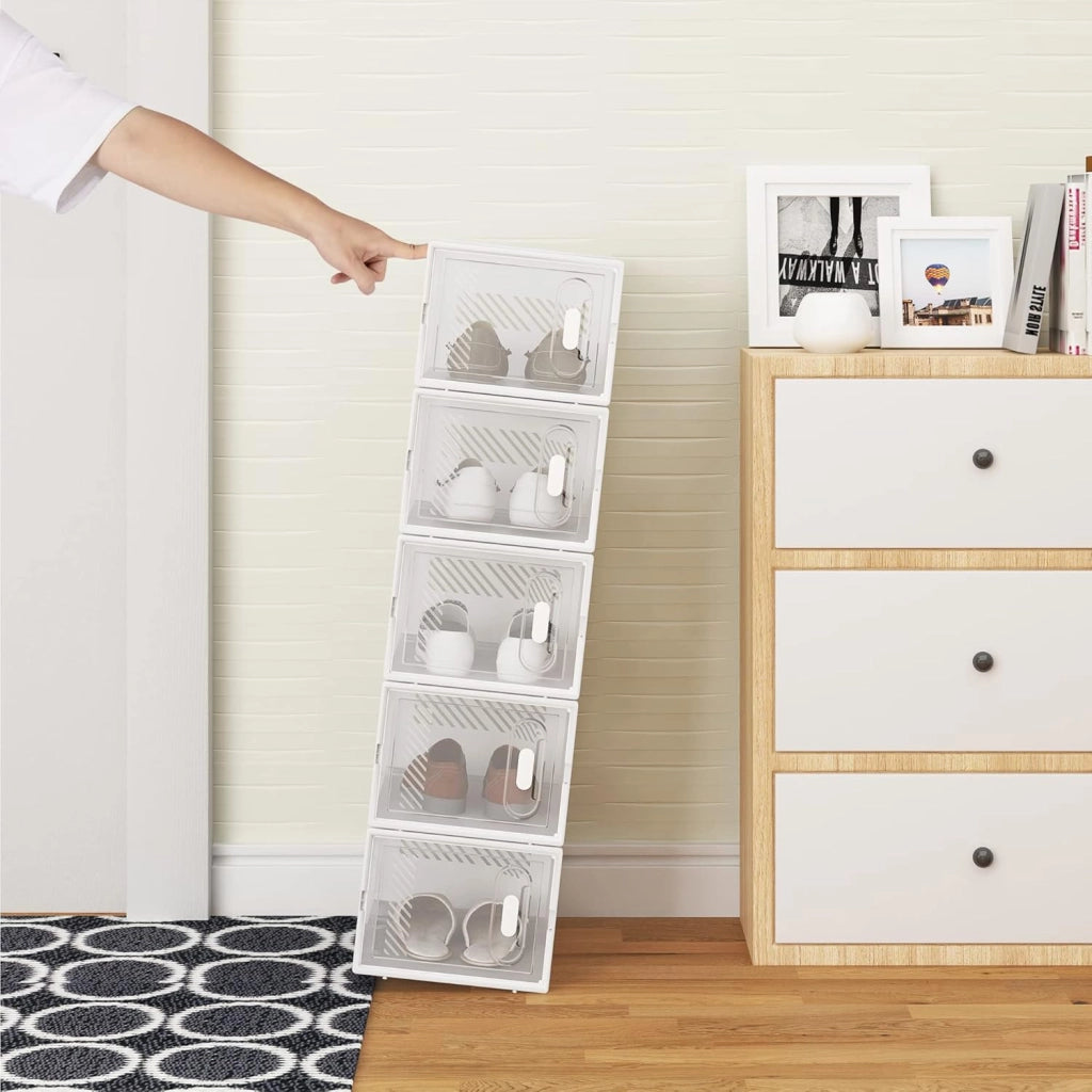 Set di 12 Scatole per Scarpe Contenitore Portascarpe Scarpiera Organizzatore Portaoggetti Impilabile Salvaspazio Coperchio Magnetico Plastica Trasparente Bianco 35x25x19cm