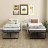 Letto Pieghevole Singolo 90x200 cm con Materasso Spesso 10 cm, Rete in Metallo e Ruote con Freno, Nero