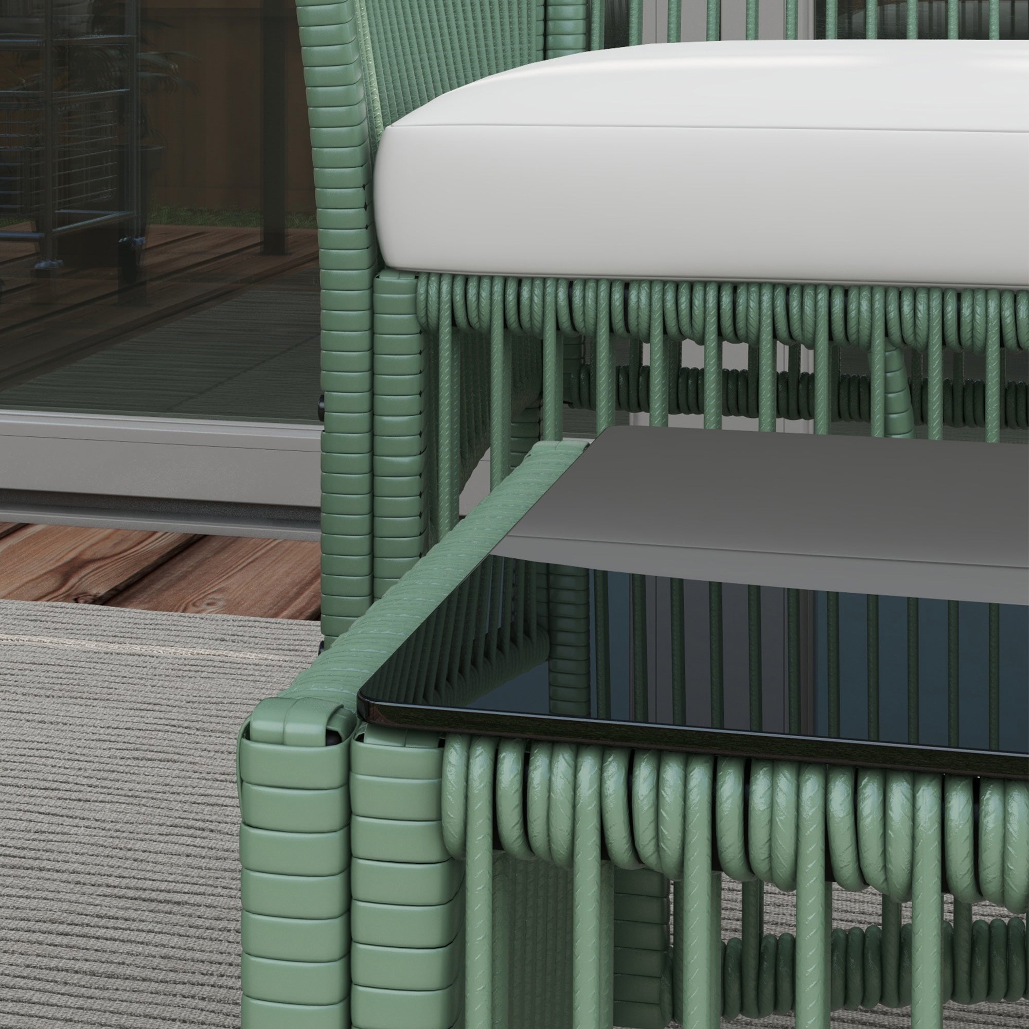 Set da Giardino Divano 2 Poltrone e Tavolino Piano in Vetro   Verde