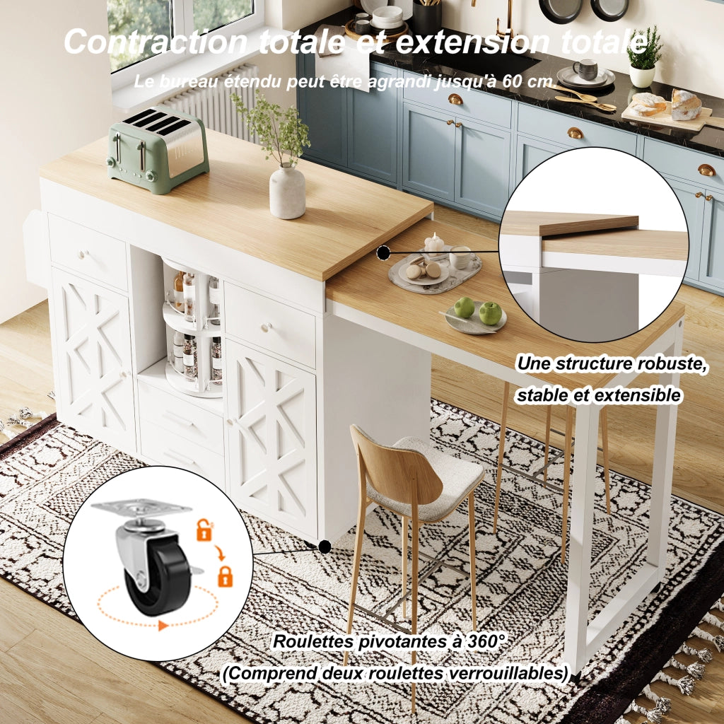 Mobile bar con 4 cassetti; ripiani regolabili e organizer girevole per cucina e soggiorno - bianco