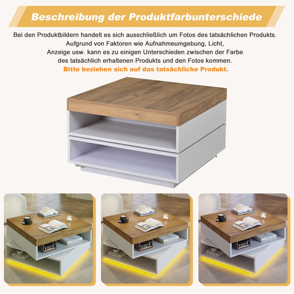 Tavolino basso quadrato girevole a 360° con LED e vani aperti in MDF bianco e legno 65 × 65 × 40 cm