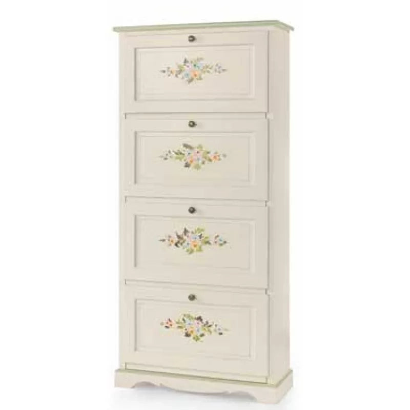 Scarpiera 4 ante  laccato bianco  con decorazioni e profili verdi misure l.79 p.30 h.170 (505) - Mobili 2G