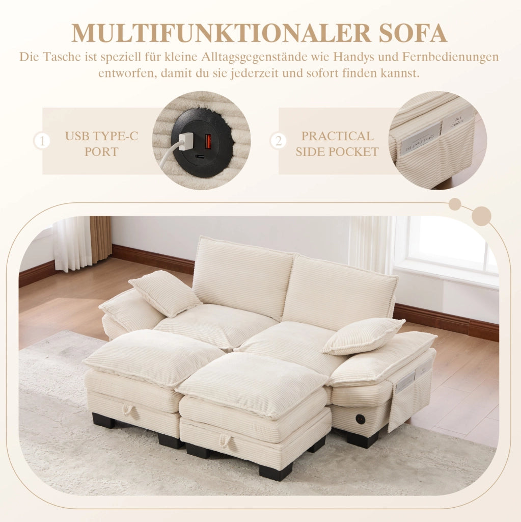 Divano modulare 2 posti in velluto a coste con 2 pouf; USB-C; 190x132x84 cm; beige