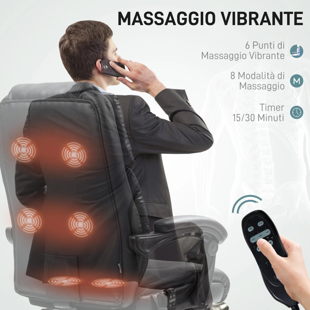 Sedia da Ufficio Massaggiante e Riscaldata Poggiapiedi in Pelle PU Nero