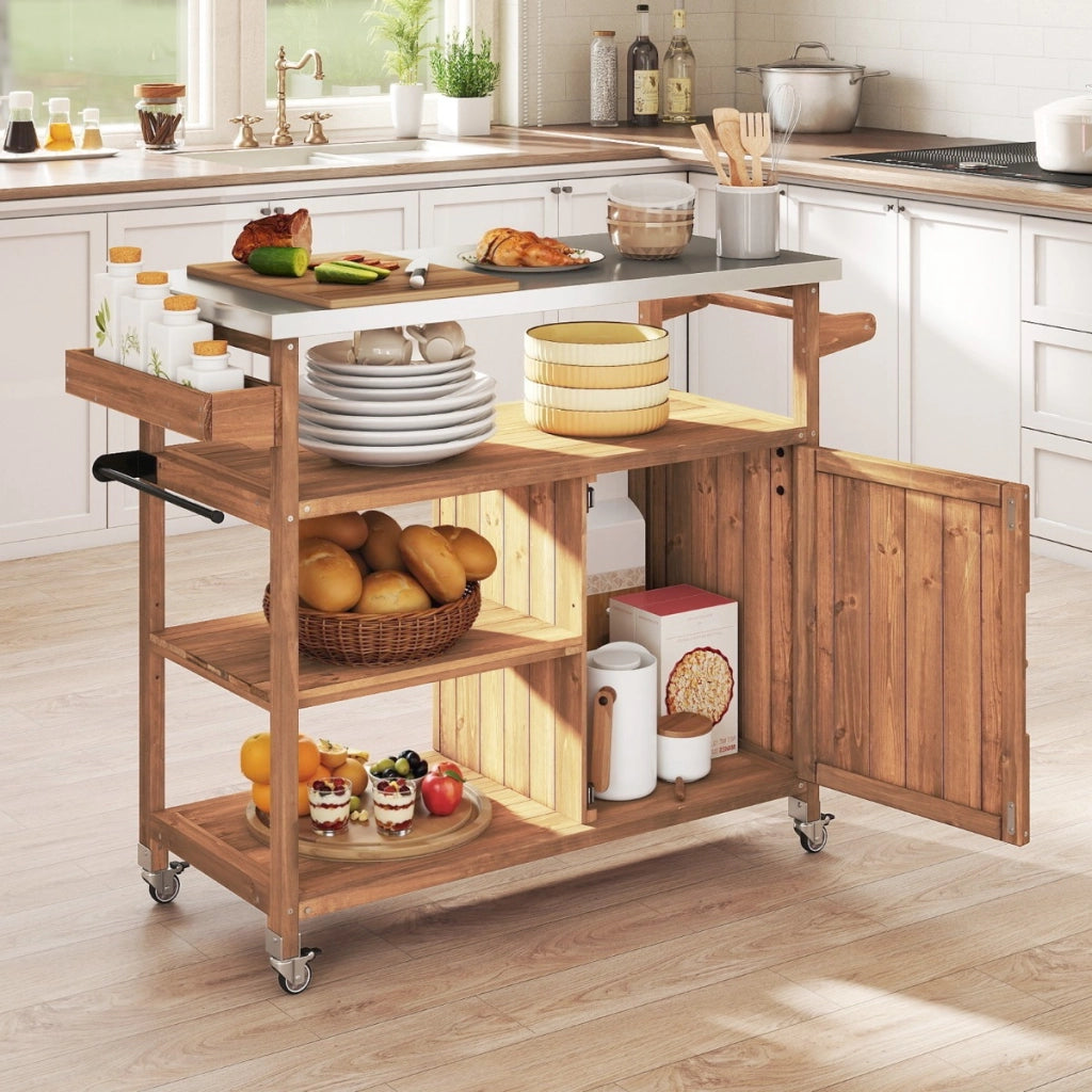 Carrello barbecue in legno con spazio di conservazione isola da cucina esterna, Carrello con 3 ripiani aperti e mobile-Carrelli