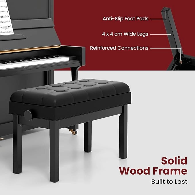 Panca per pianoforte imbottita con altezza regolabile 48-58 cm, panca per pianoforte o tastiera con spazio di archiviazione, gambe in legno massello, portata fino a 200 kg (nero)