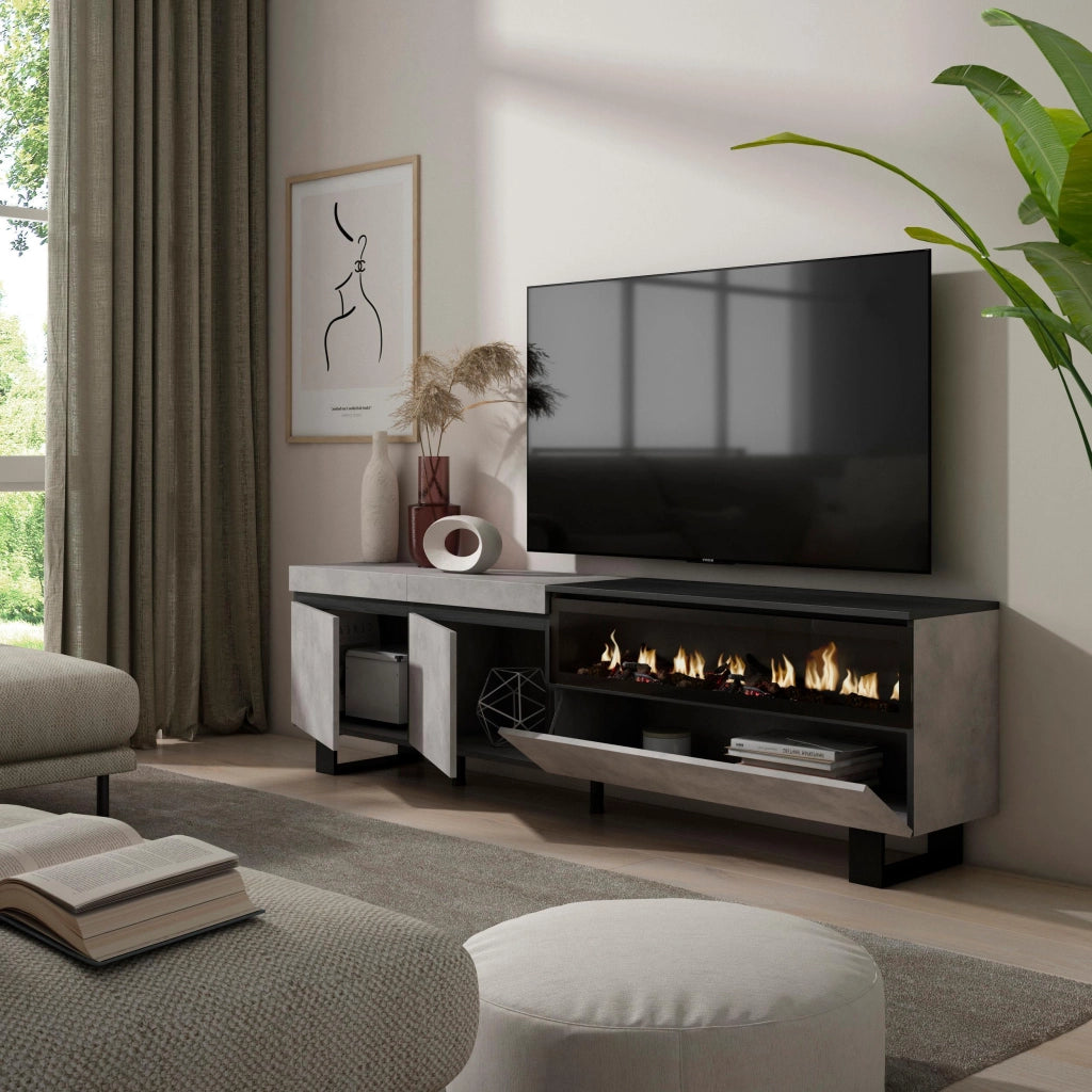 Mobile TV, 200x35x57cm, soggiorno, Per TV fino a 80", Camino elettrico, Design industriale, grigio cemento RF2230