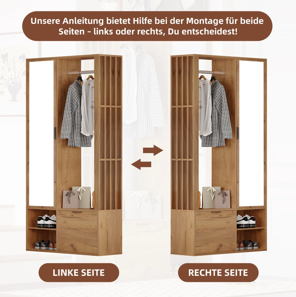 Mobile ingresso 6 in 1 con specchio, appendiabiti e 9 vani, 100x33x190 cm