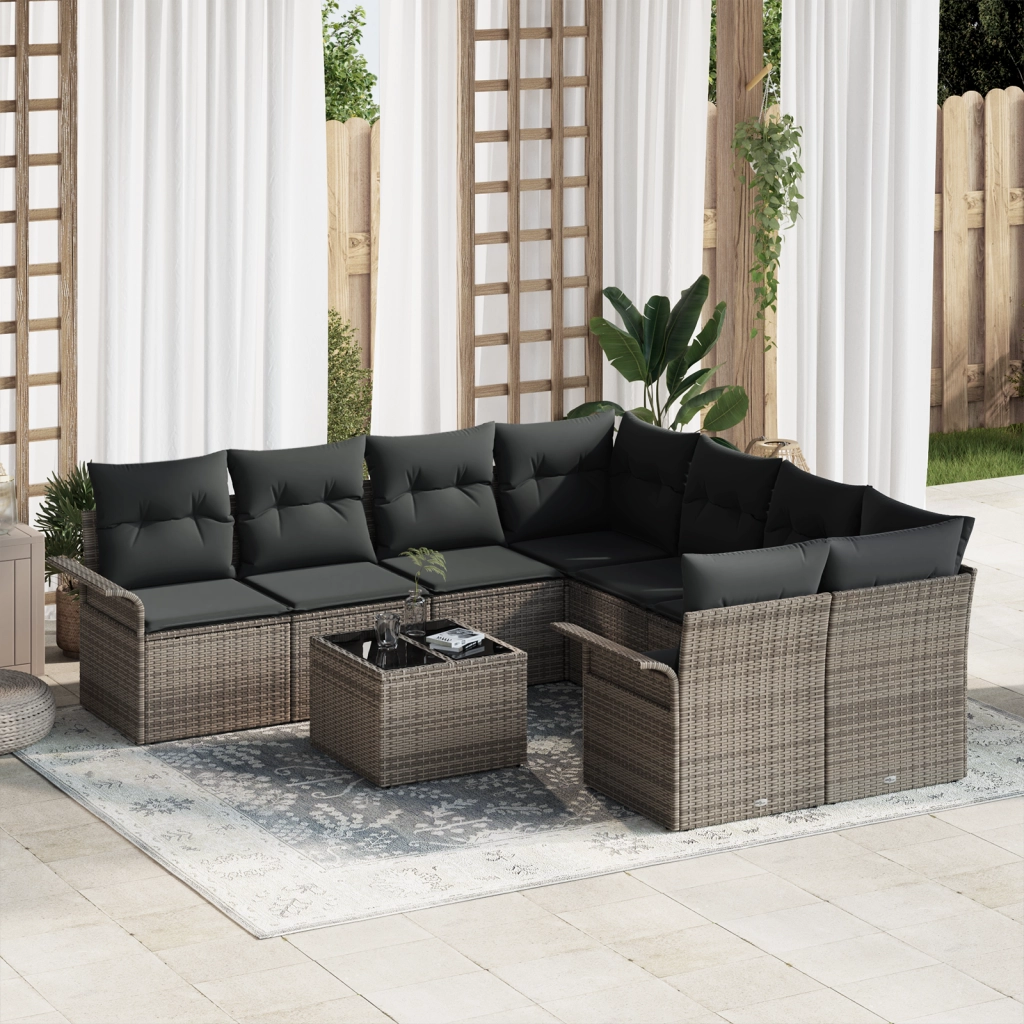 Set divani giardino da 9 pezzi con cuscini grigi in polyrattan