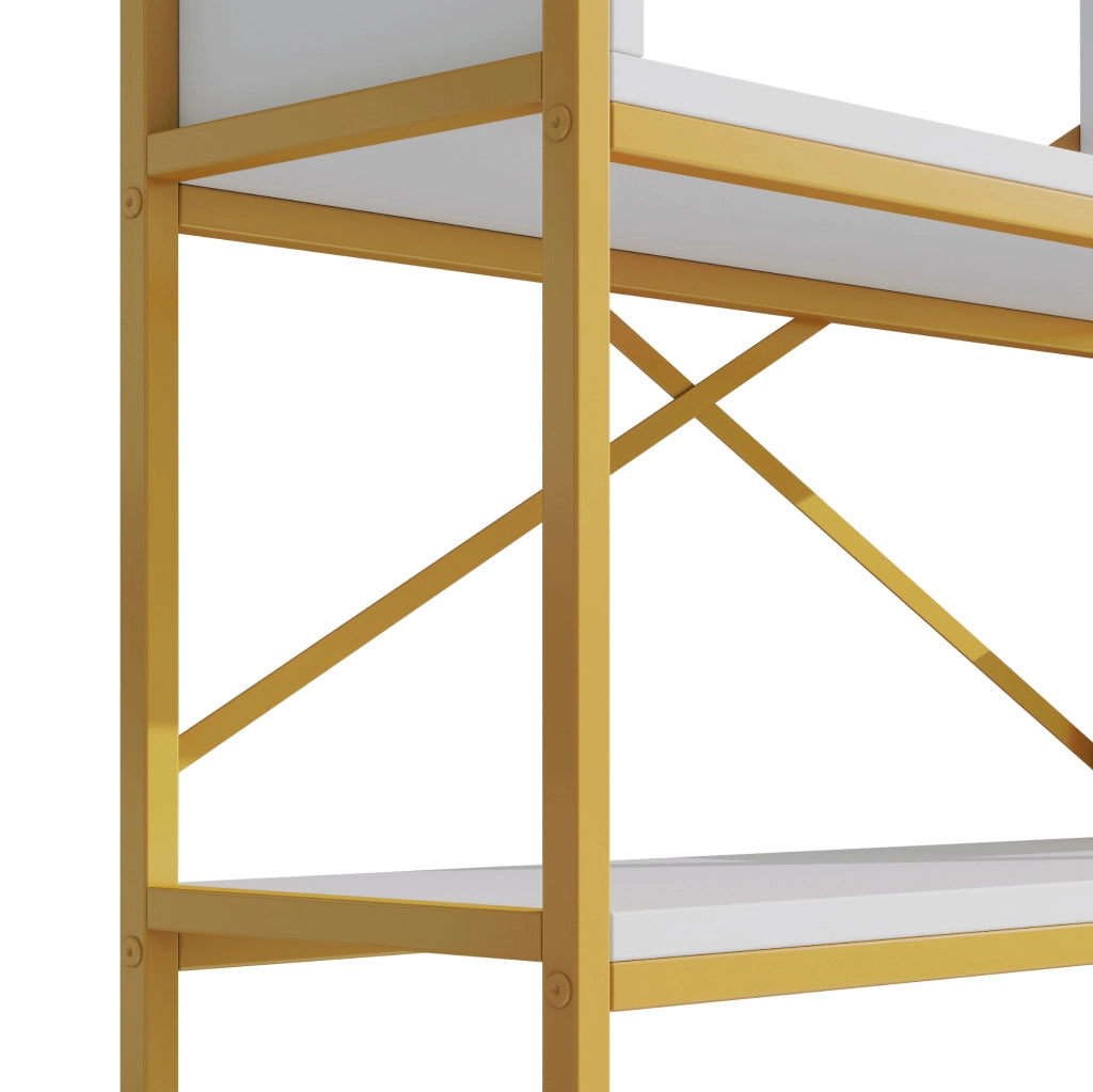 Libreria 160x29.5x180 cm a ripiani aperti con struttura rettangolare in metallo e MDF bianco e oro