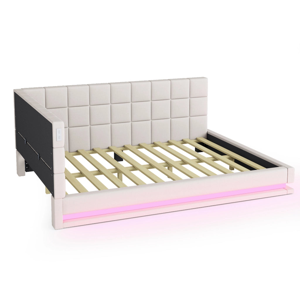 LETTO Divano letto 140x200 cm in lino beige con LED e porta USB