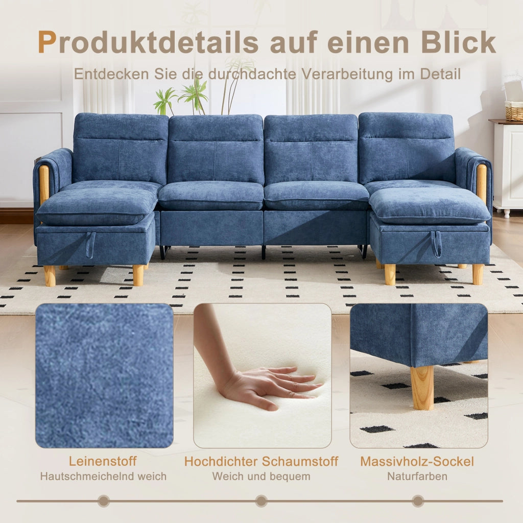 Divano panoramico a U modulare con 2 pouf contenitore e tasche laterali in chenille blu 261 × 77 × 86 cm