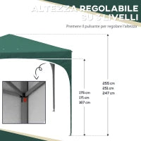 Gazebo da Giardino ad Altezza Regolabile con Fori di Drenaggio e Borsa da Trasporto, in Metallo, Verde