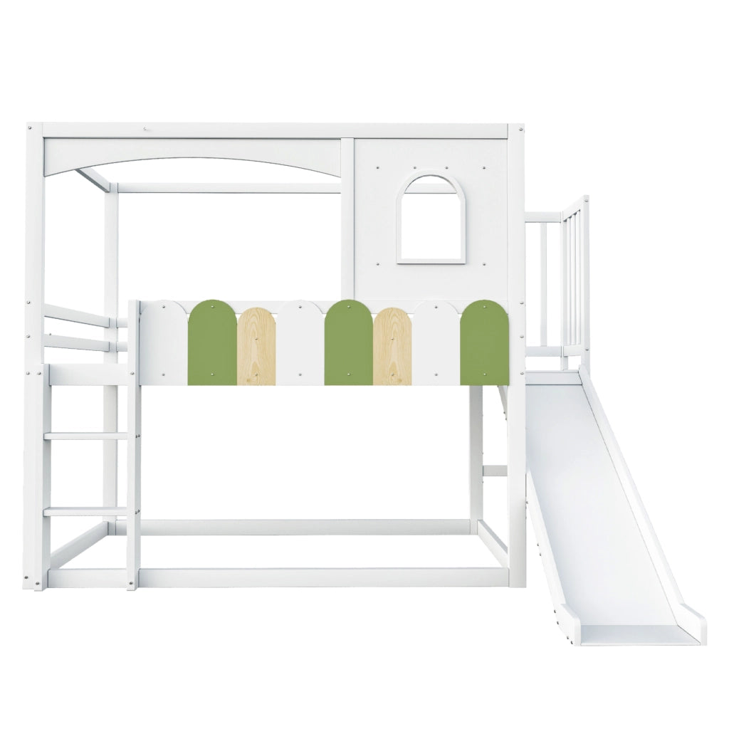 Letto a Castello Letto Singolo 90x200 cm con Rampa; Scala; Finestre; in Legno; Bianco