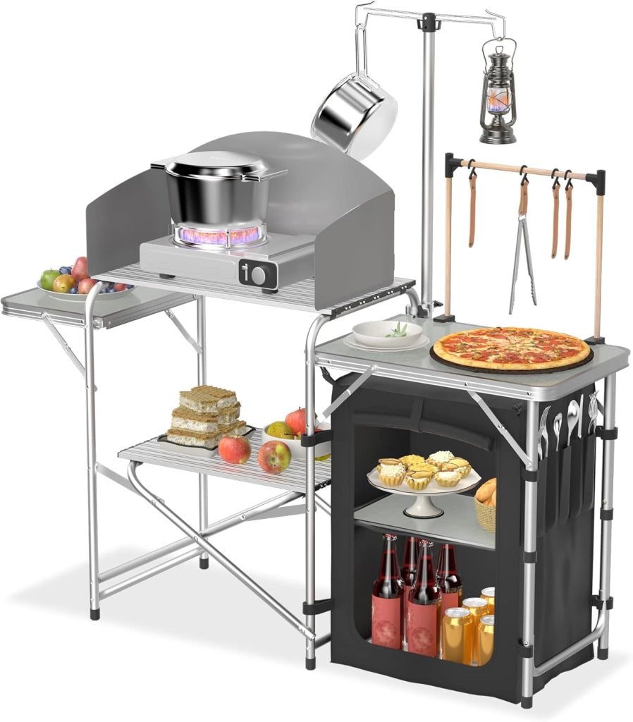 FIVMEN Cucina da Campeggio Pieghevole, Armadietto da Campeggio in Alluminio con 3 Piani di Lavoro, Scomparto, Supporto per Luci e 4 Ganci, Armadietto da Cucina per Campeggio all'aperto