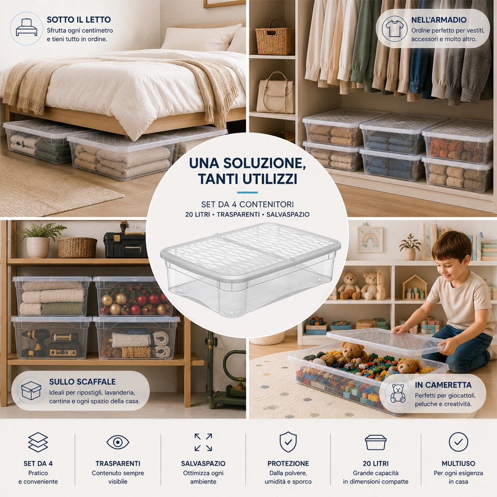 Set 4 Pezzi Contenitori con Coperchio 58x39x15 cm Storage Box Marea Capienza 20L in Plastica Trasparente