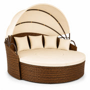 Set Arredo Outdoor Con Isola Prendisole Modulare Con Tavolino Centrale Integrato E Tettuccio Parasole Regolabile E Struttura in Polyrattan Colore Beige e Marrone 180 x 171 x 136 cm