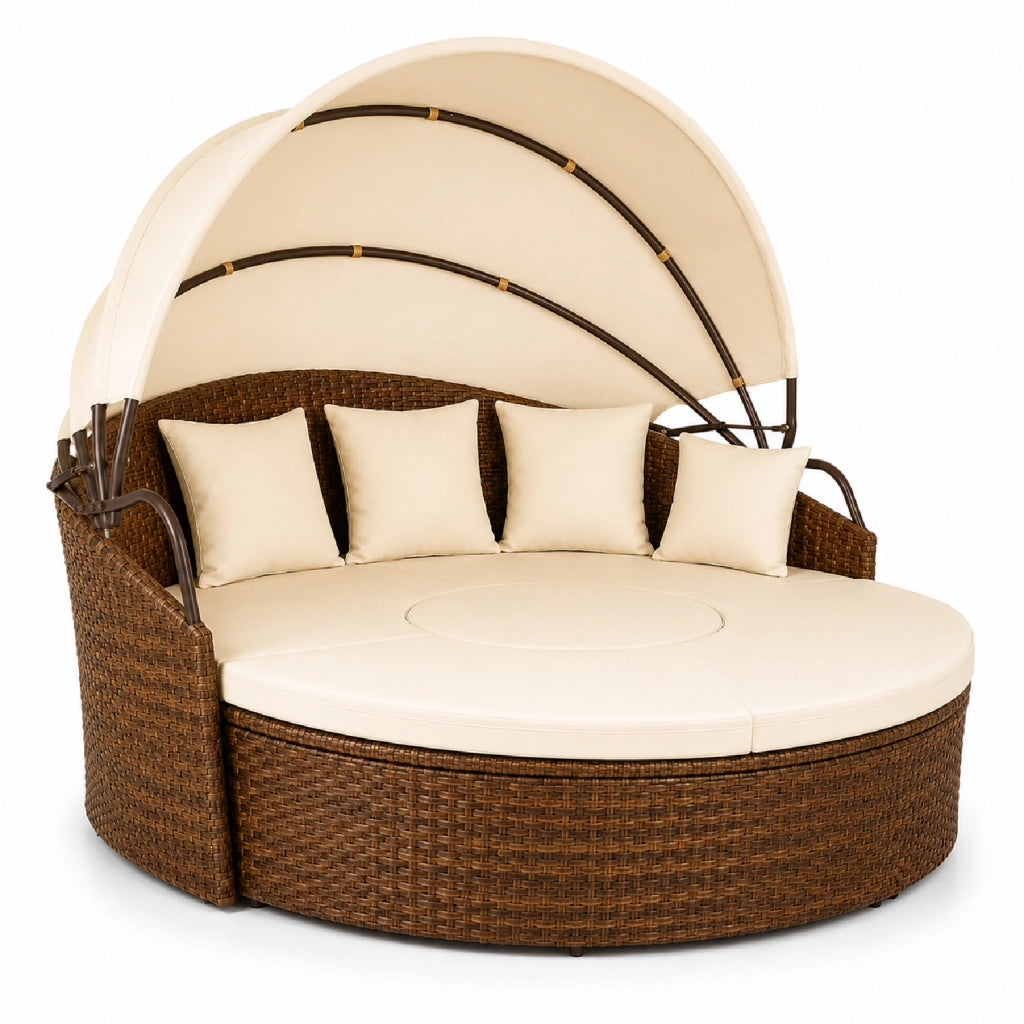 Set Arredo Outdoor Con Isola Prendisole Modulare Con Tavolino Centrale Integrato E Tettuccio Parasole Regolabile E Struttura in Polyrattan Colore Beige e Marrone 180 x 171 x 136 cm