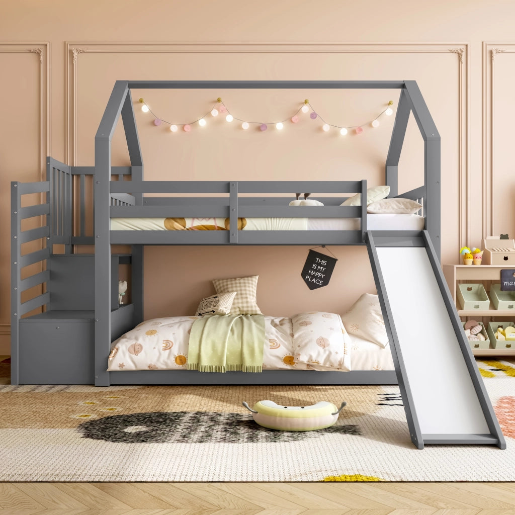 OKWISH Letto a Castello 90×200 cm, Letto Singolo con Scala con Vani, Scivolo e Spondine, senza Materasso, Grigio