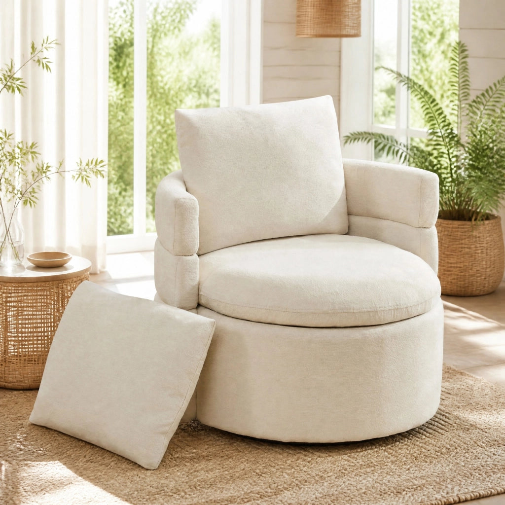 POLTRONA girevole 360° con contenitore nascosto 72 x 66,5 x 76 cm Chenille Avorio