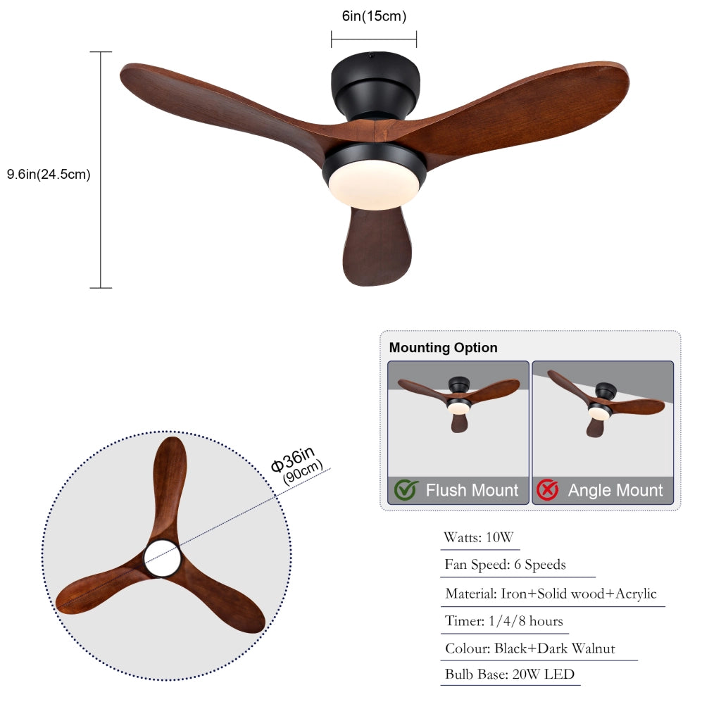 VENTILATORE DA SOFFITTO 91 cm con LED, telecomando, 3 pale in legno massello nero/nocciola