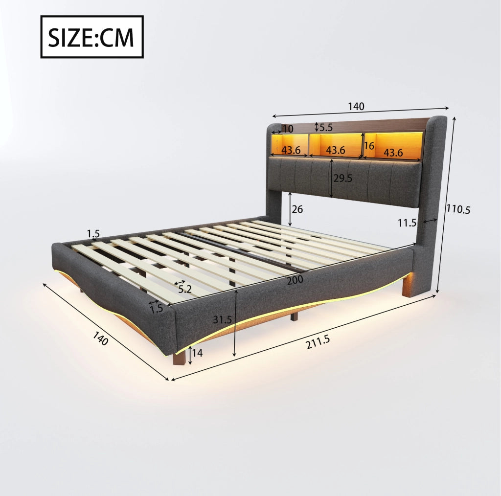 Letto imbottito sospeso 140x200 cm con LED; porte USB e Type-C; tessuto effetto lino grigio