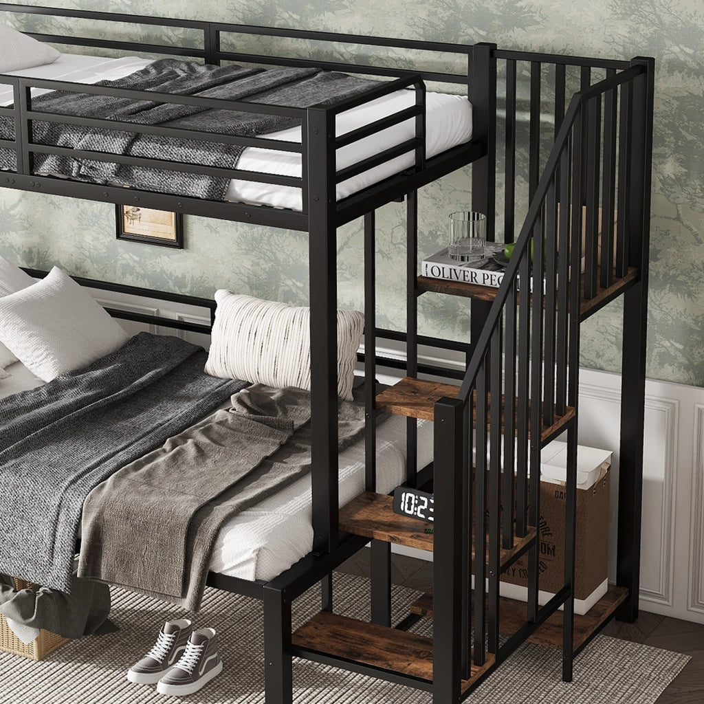 OKWISH Letto a Castello 90×200 cm e 120×200 cm, Letto 3 Posti con Scala ad Angolo, Contenitore e Sponde, senza Materasso